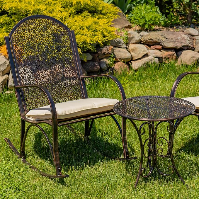 Zaer Ltd. Set of 3, Tsugo Collection, 2 Outdoor Metal Rocking Armchairs with a Round Side Table, Bronze Distressed Finish (Set of 3 (2 Chairs & 1 Table))