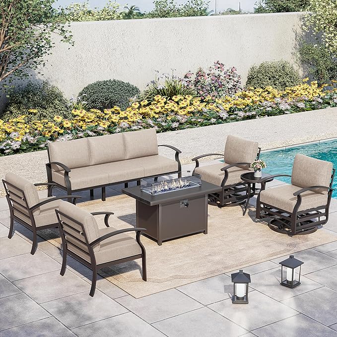 Kurapika Aluminum Patio Furniture Set 7-Seat Modern Metal Outdoor Conversation Sets w/45in Propane Fire Pit Table, Swivel Rocking Chairs Patio Sectional Sofa w/5.1 Inch Cushion, Sand