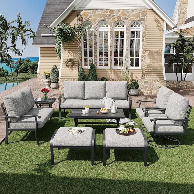HOMREST Outdoor Furniture Thickened Cushion 360 Degree Swivel Rocking Patio Chairs with Ottomans and 3-Seat Sofa, Loveseat, Coffee Side Table, 8 PCS Metal Conversation Set for Garden, Deck, Poolside