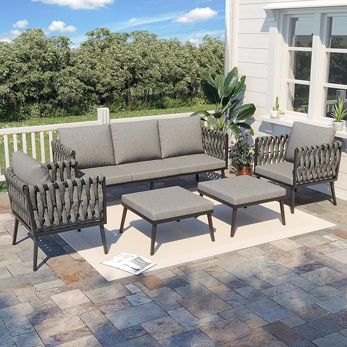 HOMREST Metal Patio Furniture Set, 5 Pieces Outdoor Aluminum Furniture w/High Back Chairs, Woven Rope Modern Patio Conversation Set for Balcony, Garden, Yard (7 Seats, Grey)