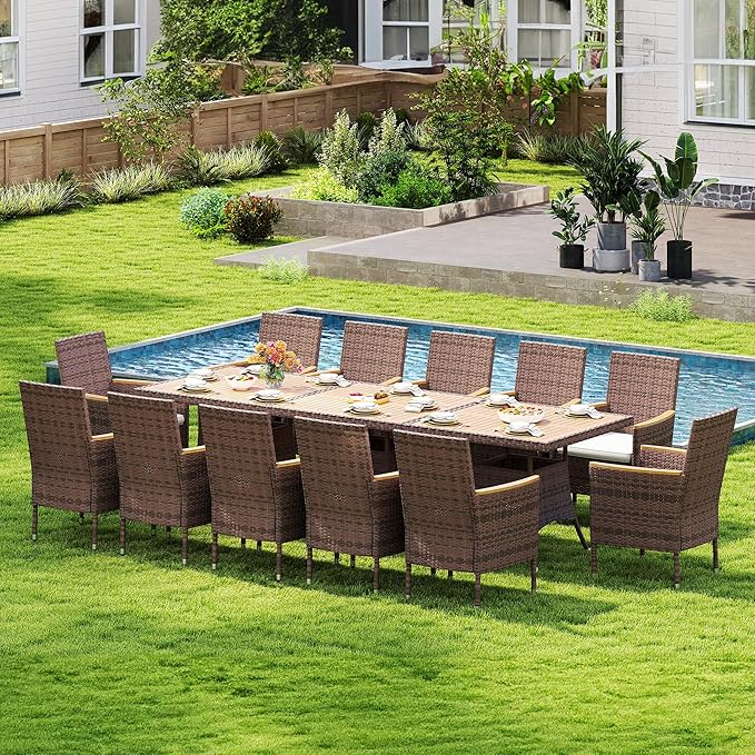 Wisteria Lane Patio Dining Sets for 12, All Weather Rattan Outdoor Table and Chairs with Acacia Wood Tabletop, Patio Dining Furniture with Removable Cushions for Deck Garden, Backyard, Brown