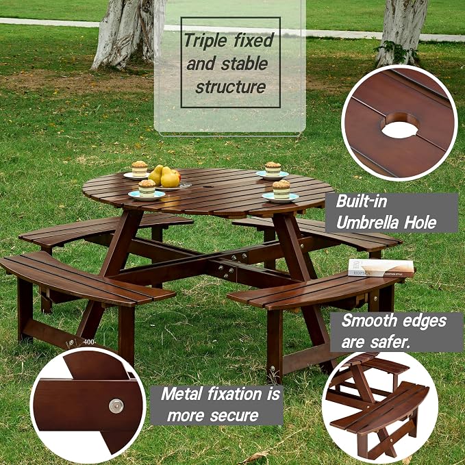 8-Person Outdoor Picnic Round Table with Built-in Benches | All-Weather Wooden Patio Furniture for Gardens, Backyards and Porches | Includes 2" Umbrella Hole (Brown, 70.08"*70.08"*27.17")
