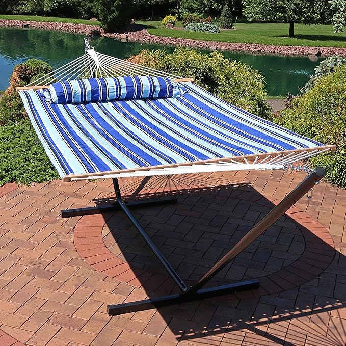 Sunnydaze Quilted Double Hammock with Stand for Outside - 350-Pound Capacity 2-Person Hammock with Stand - 12-Foot Stand - Catalina Beach
