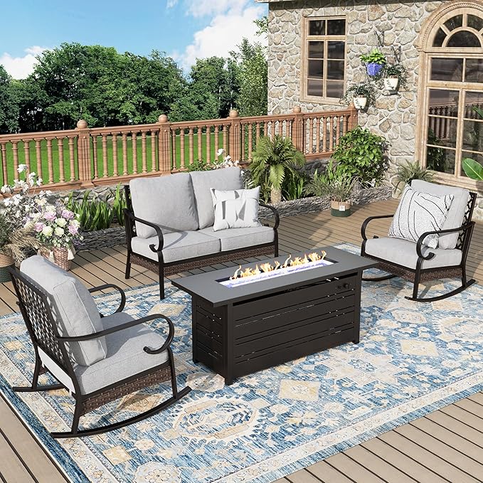 Patio Furniture Set with Fire Pit Table, 4 PCS Metal Outdoor Conversation Set with 5.75'' Extra Thick Cushion, 2 Rocking Chairs, Loveseat Sofa and Gas Fire Pit Table, Light Grey