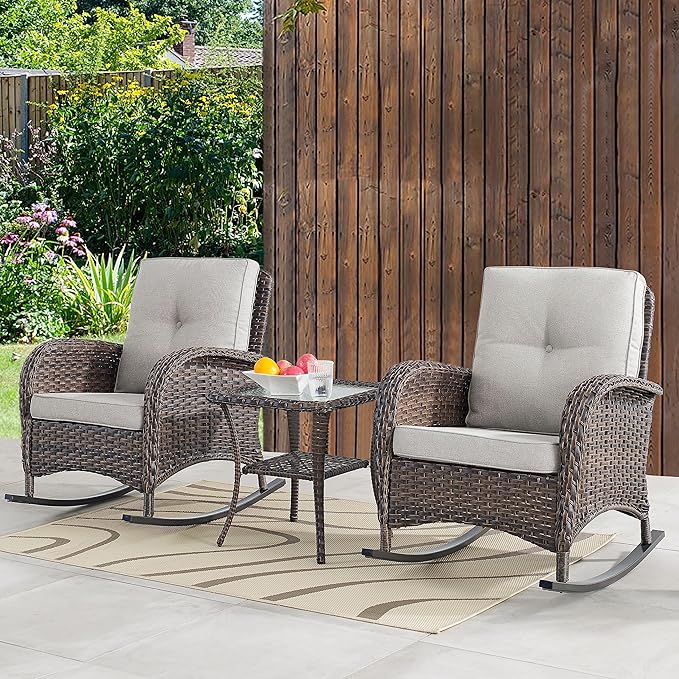 Belord 7 Piece Outdoor Patio Furniture Sets with Rocking Chairs, Wicker Loveseat Conversation Sets for Patio Deck Backyard Poolside, Beige Cushion
