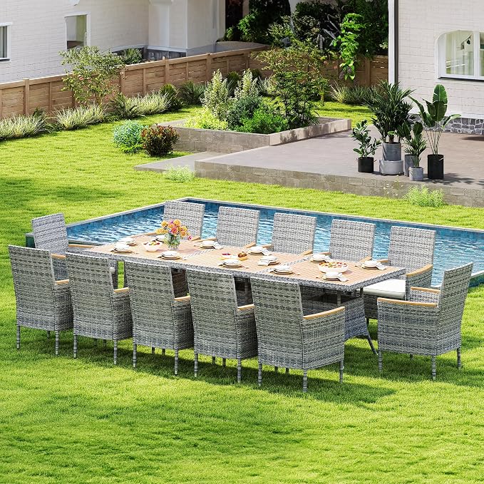 Wisteria Lane Patio Dining Sets for 12, All Weather Rattan Outdoor Table and Chairs with Acacia Wood Tabletop, Patio Dining Furniture with Removable Cushions for Deck Garden, Backyard, Gray