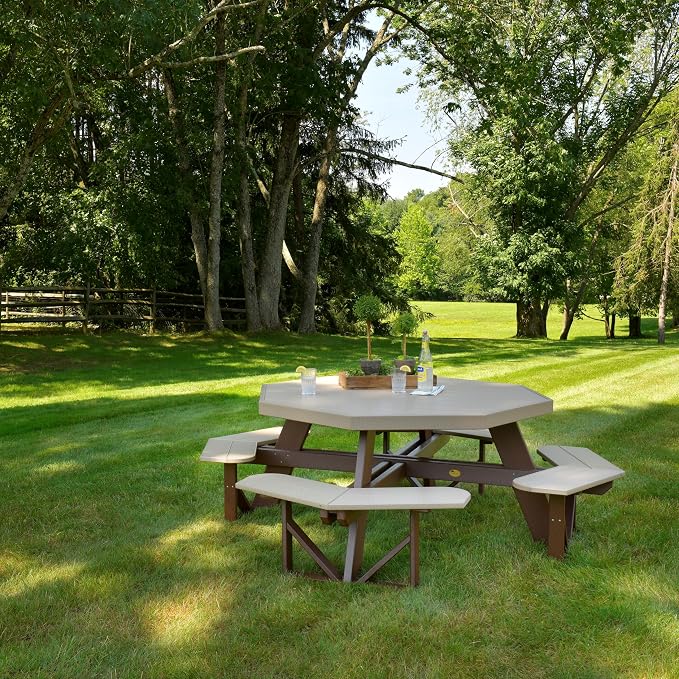Poly Lumber Octagon Picnic Table, Weatherwood & Chestnut Brown