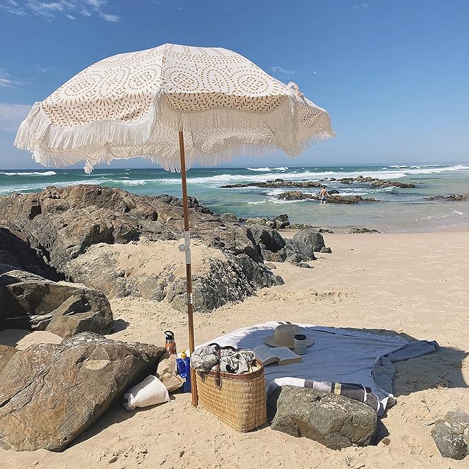 Business & Pleasure Co. Holiday Umbrella - Boho Beach Umbrella with White Fringe, UPF 50+, 1" Tilting Wood Pole, 5’ x 6.5’, Eyelet