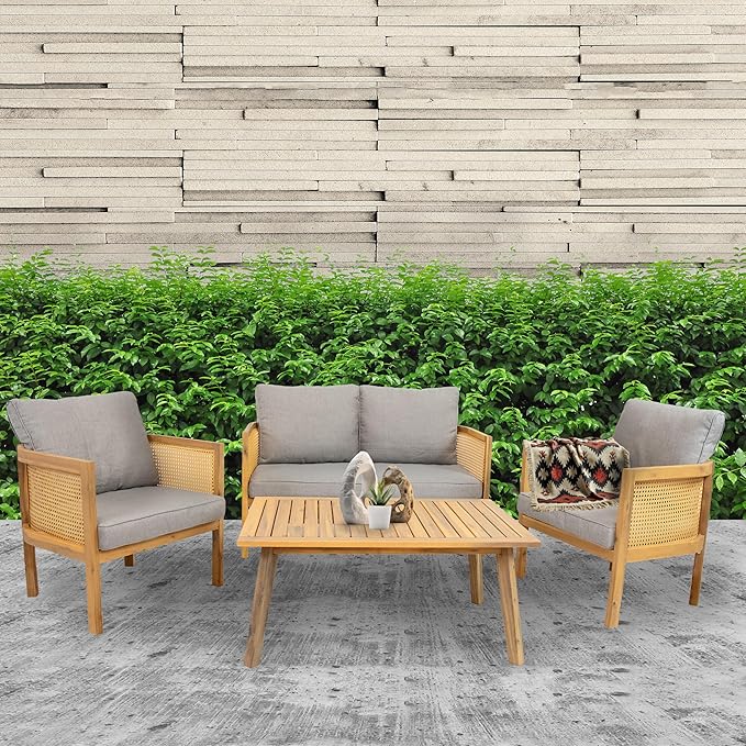 Sunnydaze Acacia 4-Piece Patio Furniture Set - Sanibel Patio Conversation Set - Outdoor Seating Lounge Furniture - Gray