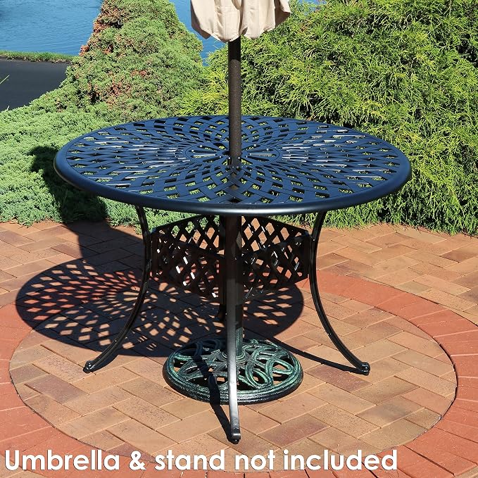 Sunnydaze Decorative Crossweave Cast Aluminum Patio Dining Table with Umbrella Hole - 41-Inch Diameter