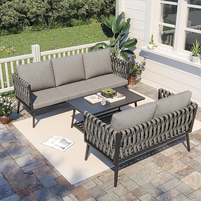 HOMREST Metal Patio Furniture Set, 3 Pieces Outdoor Aluminum Woven Rope Bistro Set with 3-Seater Sofa, Loveseat, Coffee Table, Modern Patio Conversation Set for Balcony, Garden, Yard (5 Seats, Grey)