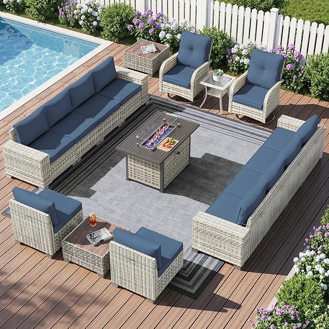 16-Piece Outdoor Patio Furniture Set with Rocking Swivel Chair, PE Wicker Rattan Sectional Sofa Patio Conversation Set with 55,000 BTU Fire Pit Table & Side Table, Navy Blue
