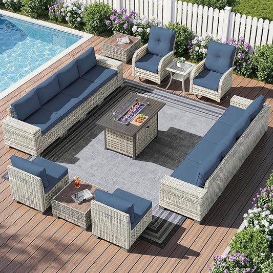 16-Piece Outdoor Patio Furniture Set with Rocking Swivel Chair, PE Wicker Rattan Sectional Sofa Patio Conversation Set with 55,000 BTU Fire Pit Table & Side Table, Navy Blue