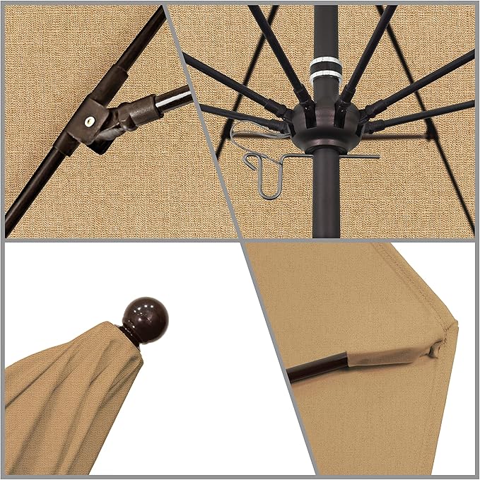 California Umbrella 9' Round Aluminum/Fiberglass Umbrella, Push Open, Bronze Pole, Sunbrella Linen Sesame
