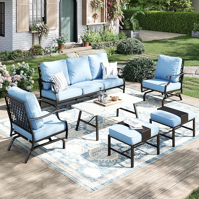 Patio Furniture Set 6 pcs, Outdoor Patio Furniture, 3-Seat Sofa, 2 Rocking Chairs, 2 Ottomans, Coffee Table and 5.75" Extra Thick Cushion, Patio Conversation Set for Backyard Deck,Blue