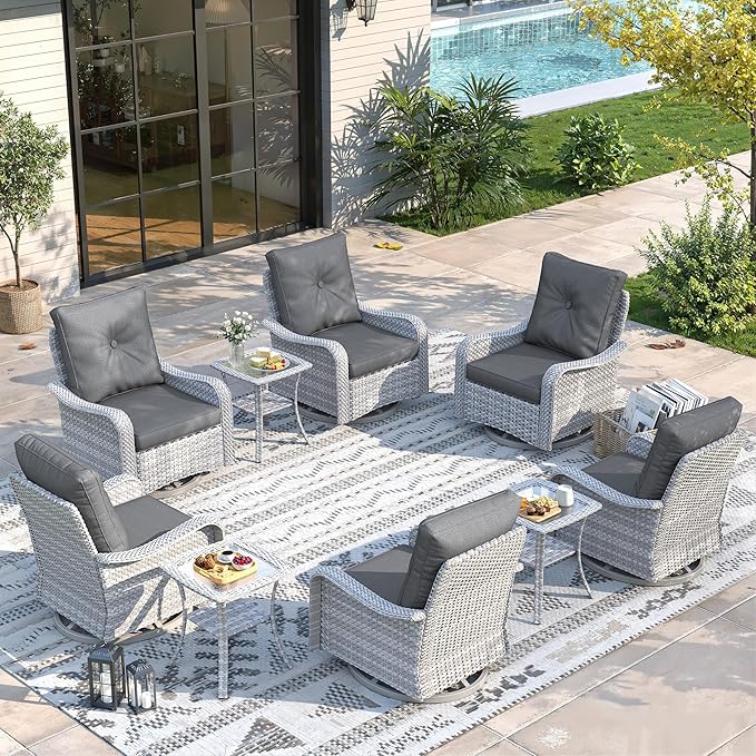 9 Piece Wicker Patio Furniture Set, Swivel Rocking Chairs with 4''Cushions, PE Rattan, Rust Resistant Frame, Double Layer Glass Side Table, for Backyard, Deck or Balcony, Black