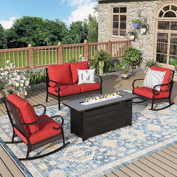 Patio Furniture Set with Fire Pit Table, 4 PCS Metal Outdoor Conversation Set with 5.75'' Extra Thick Cushion, 2 Rocking Chairs, Loveseat Sofa and Gas Fire Pit Table, Red