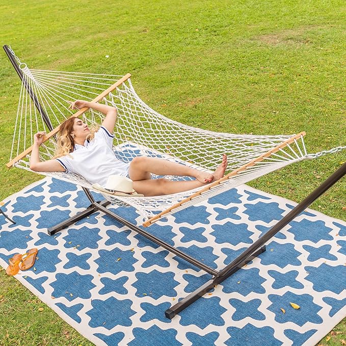 Lazy Daze Hammocks 2 Person Portable Hammock with 12FT Stand, Double Traditional Hand Woven Cotton Rope Hammock and Pillow for Outside, 450lbs Weight Capacity for Patio Backyard