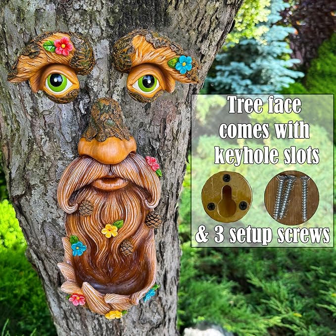 Mood Lab Tree Face Decor with Flowers - Outdoor Old Man Face Decoration - Tree Garden Hugger - Yard Art Statue