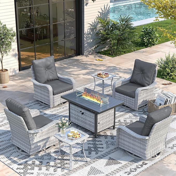 7 Piece Wicker Patio Furniture Set with 55,000 BTU Fire Pit Table, Swivel Rocking Chairs, 4''Cushions, PE Rattan, Wind Guard Glass, for Backyard, Deck or Balcony, Black