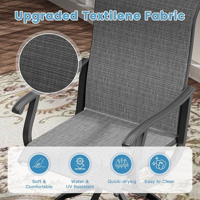 DIFY Patio Table and Chairs Set for 4, 5 Piece Outdoor Dining Set, 40.2" Black Square Metal Dining Table with Umbrella Hole and 4 Dark Grey Textilene Swivel Patio Chairs, for Garden Backyard Deck