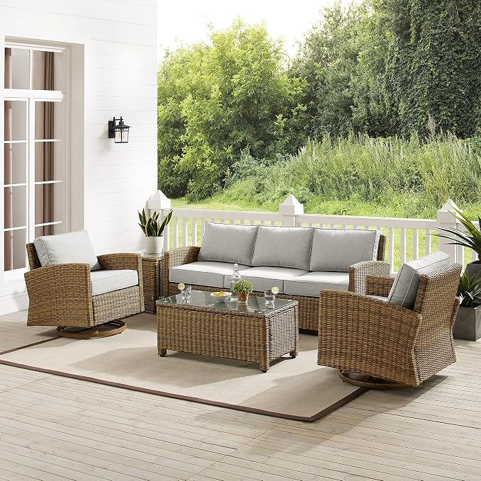 Crosley Furniture Bradenton 5-Piece Wicker Outdoor Sofa and Swivel Rocker Patio Furniture Set for Porch, Brown with Gray Cushions