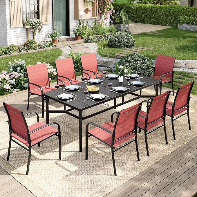 MIXPATIO 9 Pieces Patio Table and Chairs Set, Patio Dining Set for 8, Red Textilene Chairs and 83” Rectangular Patio Dining Table with Umbrella Hole, for Deck Backyard Lawn Poolside
