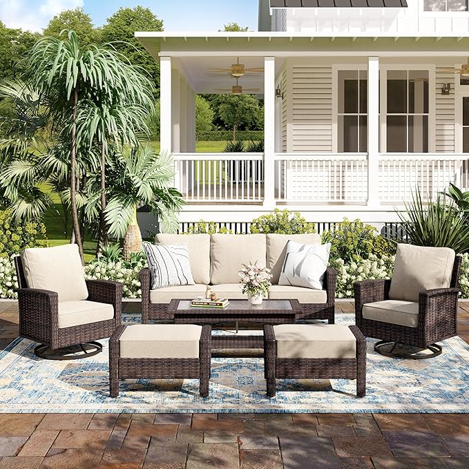 6-Piece Wicker Patio Furniture Set with Swivel Chairs, High Back Outdoor Furniture with 5.5-inch Thick Cushion and Ottoman, All-Weather Wicker Patio Conversation Set for Deck Yard Pool, Beige