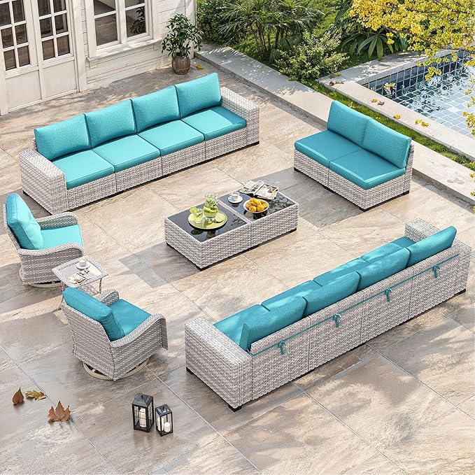 15 Piece Outdoor Wicker Rattan Sectional Sofa Set with Swivel Chairs, 12-Seats Conversation Set with 4" Thickened Cushions & Coffee Table, All-Weather PE Rattan for Garden, Backyard, Porch, Turquoise