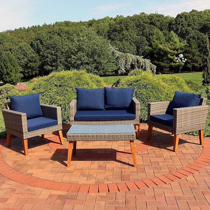 Sunnydaze Clifdon 4-Piece Resin Gray Rattan and Acacia Patio Furniture Set - Thick Navy Blue Back and Seat Cushions