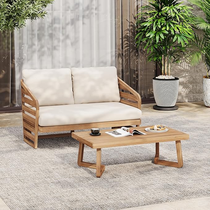 Christopher Knight Home Meiko Patio 2 Pieces Conversation Set, Acacia Wood Loveseat with Cushion and Coffee Table, Slat Panel Outdoor Sofa and Rectangular Table for Backyard Garden, Teak+Beige