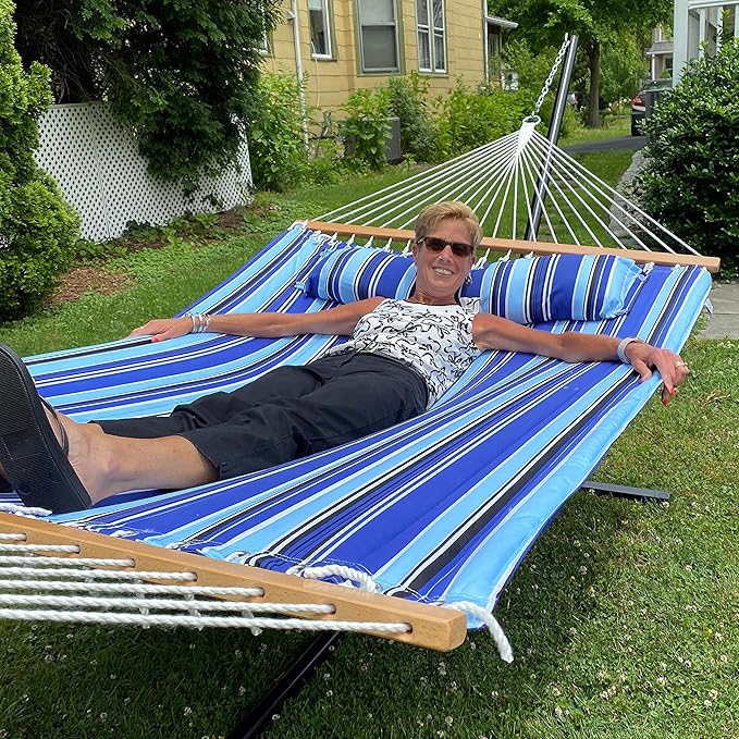 Sunnydaze Quilted Double Hammock with Stand for Outside - 350-Pound Capacity 2-Person Hammock with Stand - 12-Foot Stand - Catalina Beach