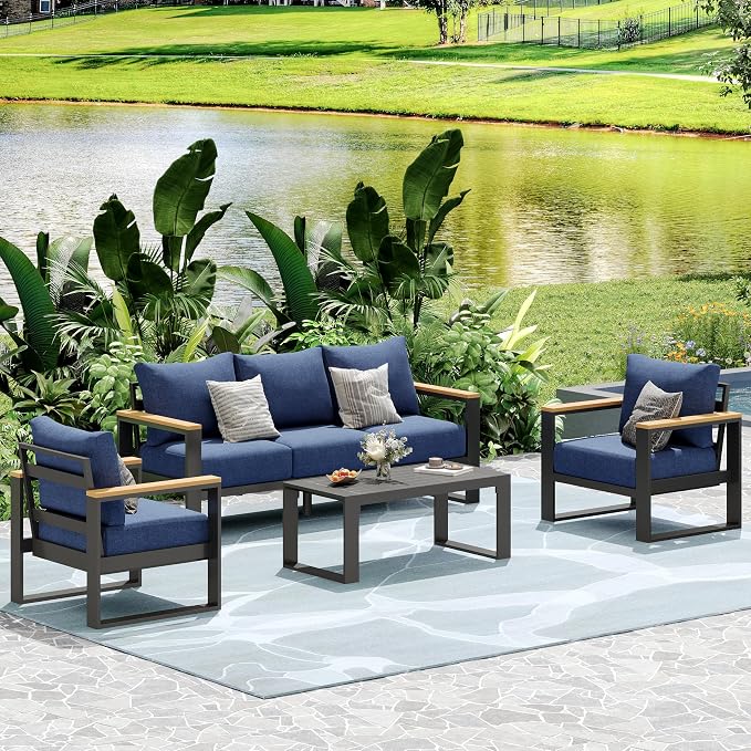 Aluminum Patio Furniture Set, 4 Piece Metal Outdoor Furniture Set with 6″ Thick Washable Cushions & Coffee Table, All Weather Patio Conversation Sets for Yard, Poolside, Garden (Navy Blue)