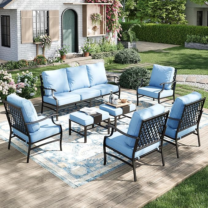 Patio Furniture Set 7 pcs, Outdoor Patio Furniture, 3-Seat Sofa, 4 Single Chairs, 2 Ottomans and 5.75" Extra Thick Cushion, Patio Conversation Set for Garden Backyard Deck,Blue