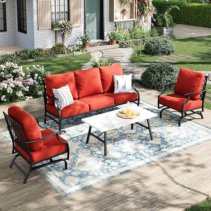 Patio Furniture Set 4 pcs, Outdoor Patio Furniture, 3-Seat Sofa, 2 Rocking Chairs, Coffee Table and 5.75" Extra Thick Cushions, Conversation Set for Backyard Deck, Red