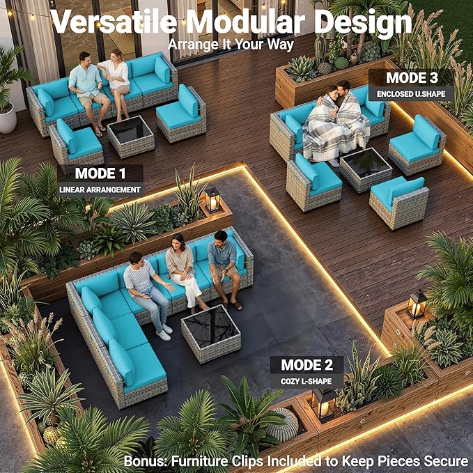 7-Piece Patio Furniture Set, Outdoor Sectional with Thick Cushions, Modular Patio Sofa, Dual-Strand Wicker Rattan, Rust-Resistant Frame, Backyard Furniture for Garden, Deck, Blue