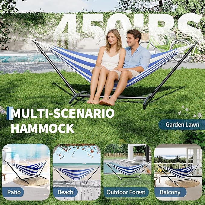 Double Hammocks with Stand for Outside, Portable Space Saving Heavy-Duty Steel Stand for Indoor Outdoor Patio with Carrying Bag, 450 lbs Capacity