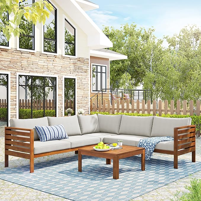 Patio Furniture 4 Pieces Conversation Sets, Acacia Wood Outdoor Sectional Furniture Conversation Sets with Cushions and Coffee Table for Garden Backyard Balcony and Porch (Beige)