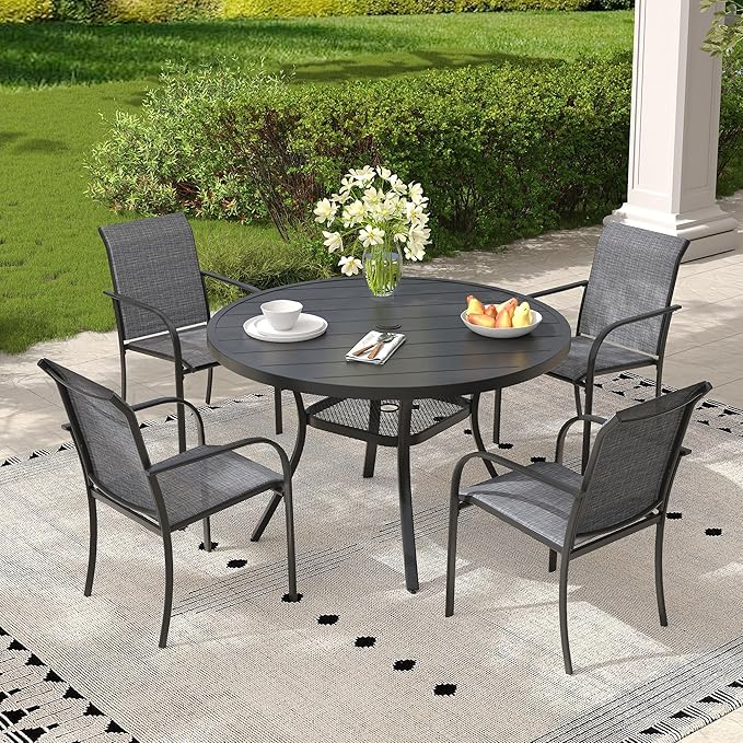 5 Pieces Outdoor Dining Set, Stackable Textilene Patio Chairs & 40.6" Round Dining Table with Umbrella Hole and Shelf, Patio Dining Set for Backyard, Deck, Garden, Grey & Black
