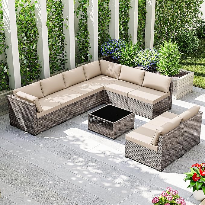 Joyside 9-Piece Patio Furniture Set, Rattan Outdoor Sectional Wicker Patio Conversation Set with Cushions and Coffee Table