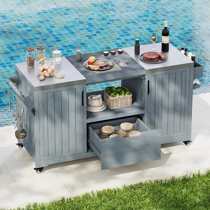 Outdoor Kitchen Island for Big Green Egg Grills, Solid Wood Outdoor Grill Cart for Tabletop Grill with Stainless Steel Top, Drawer, Compatible with Large Big Green Egg, Kamado Joe (Grey+Blue@029)
