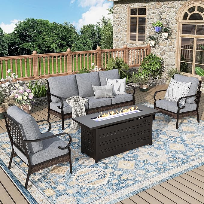 Patio Furniture Set with Fire Pit Table, 4 PCS Metal Outdoor Conversation Set with 5.75'' Extra Thick Cushion, 2 Chairs, 3-Seat Sofa and Gas Fire Pit Table, Grey