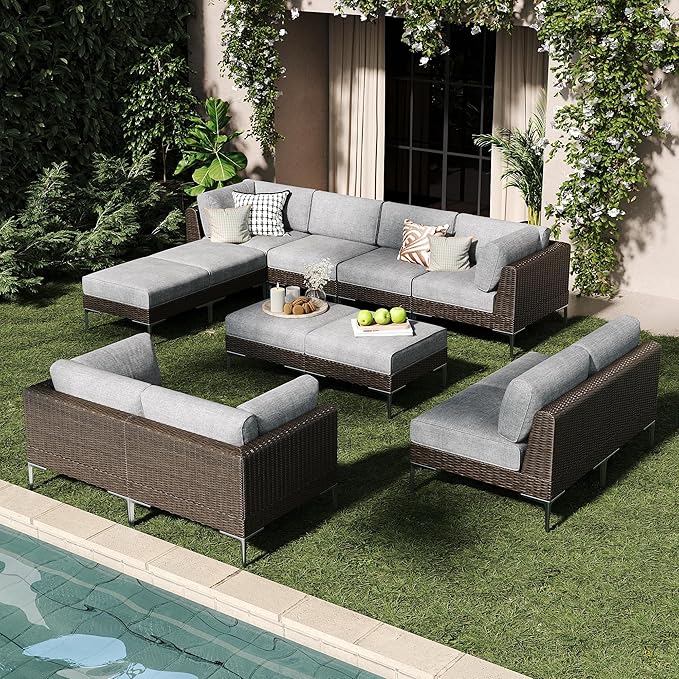 LayinSun 12-Piece Wicker Rattan Patio Furniture Set, Deep Seating Outdoor Modular Sectional Sofa Conversation Set with Thick Cushions for Lawn, Garden