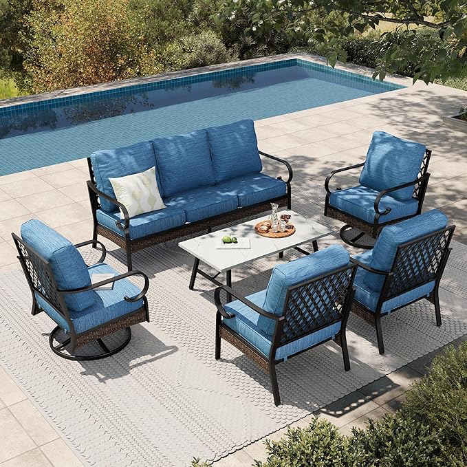 HERA'S HOUSE 6 Pieces Metal Patio Furniture Set, All Weather Outdoor Conversation Set with 3-Seat Sofa, 2 Swivel Chairs, 2 Fixed Chairs & Coffee Table, 7 Seats for Backyard, Garden, Deck, Pacific Blue