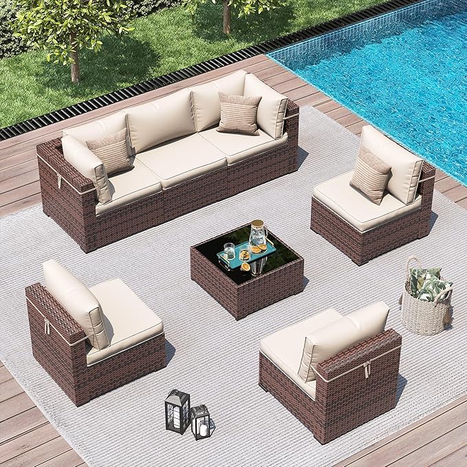 Amopatio Patio Furniture Set 7 Pieces Patio Conversation Set Outdoor Sectional Wicker Rattan Sofa with All-Weather Cover, Patio Furniture with Pillows Fits Porch Garden Backyard Balcony (Cream)