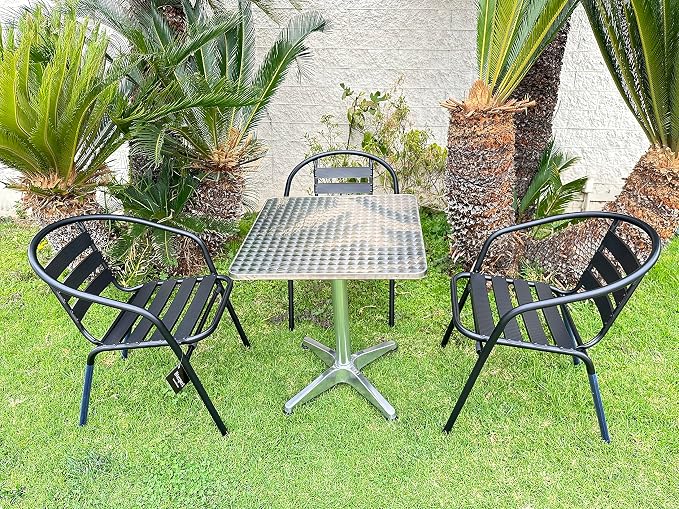BTEXPERT Indoor Outdoor Restaurant Stainless Steel Metal Aluminum Slat Stack Commercial Lightweight, 4 Chairs with a 27.5" Square Table, Silver/Black
