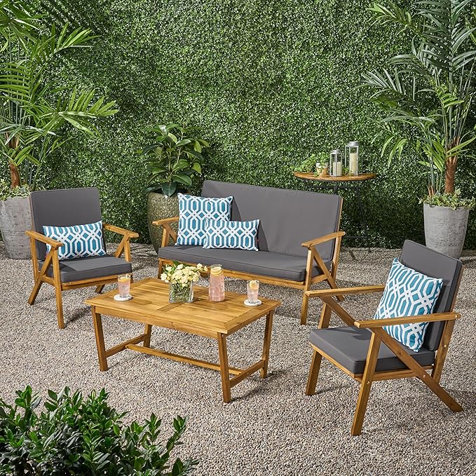 Christopher Knight Home Panama Outdoor Acacia Wood Chat Set with Water Resistant Cushions, 4-Pcs Set, Teak Finish / Grey