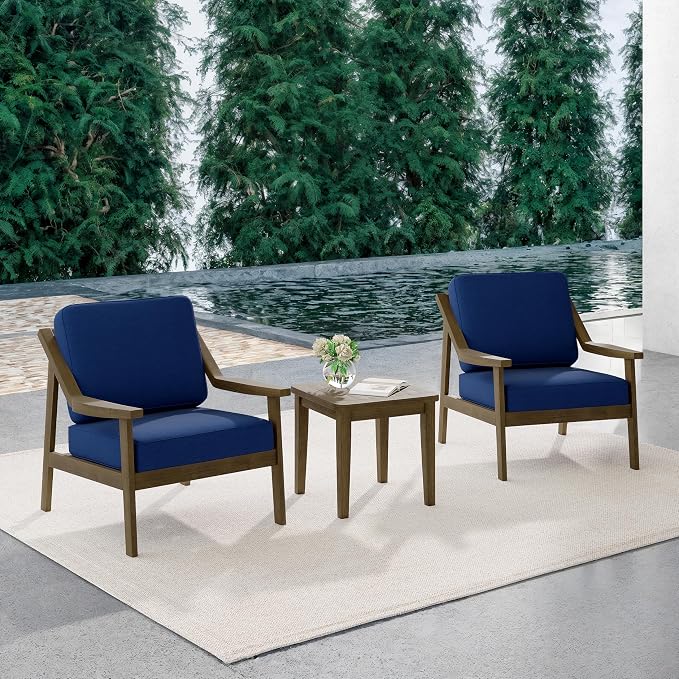Outdoor Patio Furniture Set, 3 Piece Patio Conversation Sets with Washable Thick Cushions, All-Weather Solid Wood Patio Bistro Set for Porch, Balcony, Natural Frame & Navy Cushion