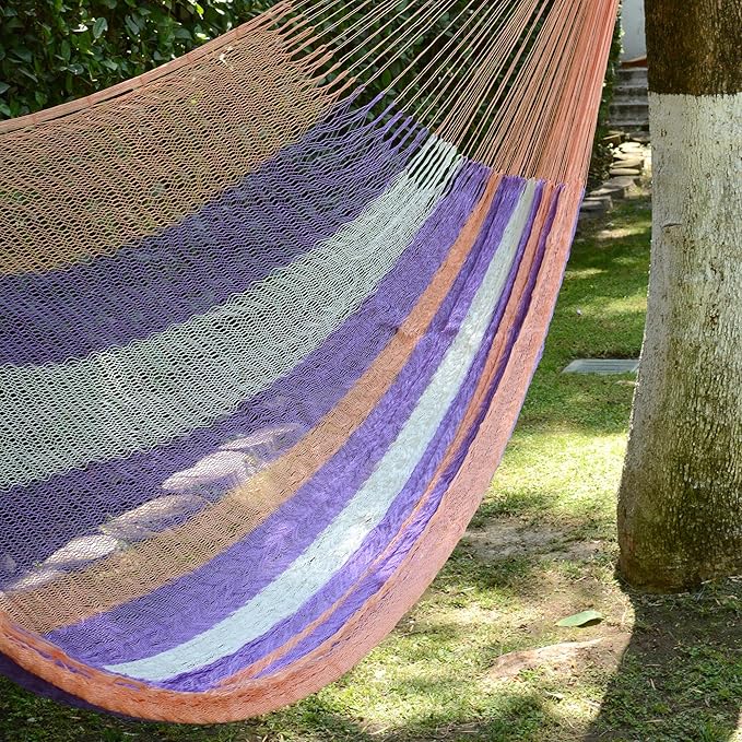 NOVICA Purple Orange Striped Hand Woven Nylon Mayan 2 Person XL Rope Hammock with Hanging Accessories, 'Melon Stripe' (Double)