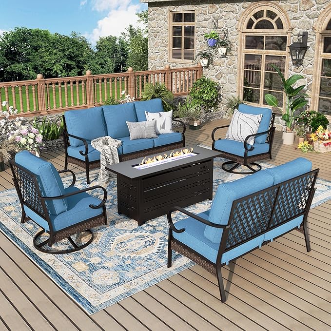 Patio Furniture Set with Fire Pit Table, Metal Outdoor Conversation Set with 5.75'' Extra Thick Cushion, 2 Swivel Chairs, Loveseat Sofa, 3-Seat Sofa and Gas Fire Pit Table, Navy Blue